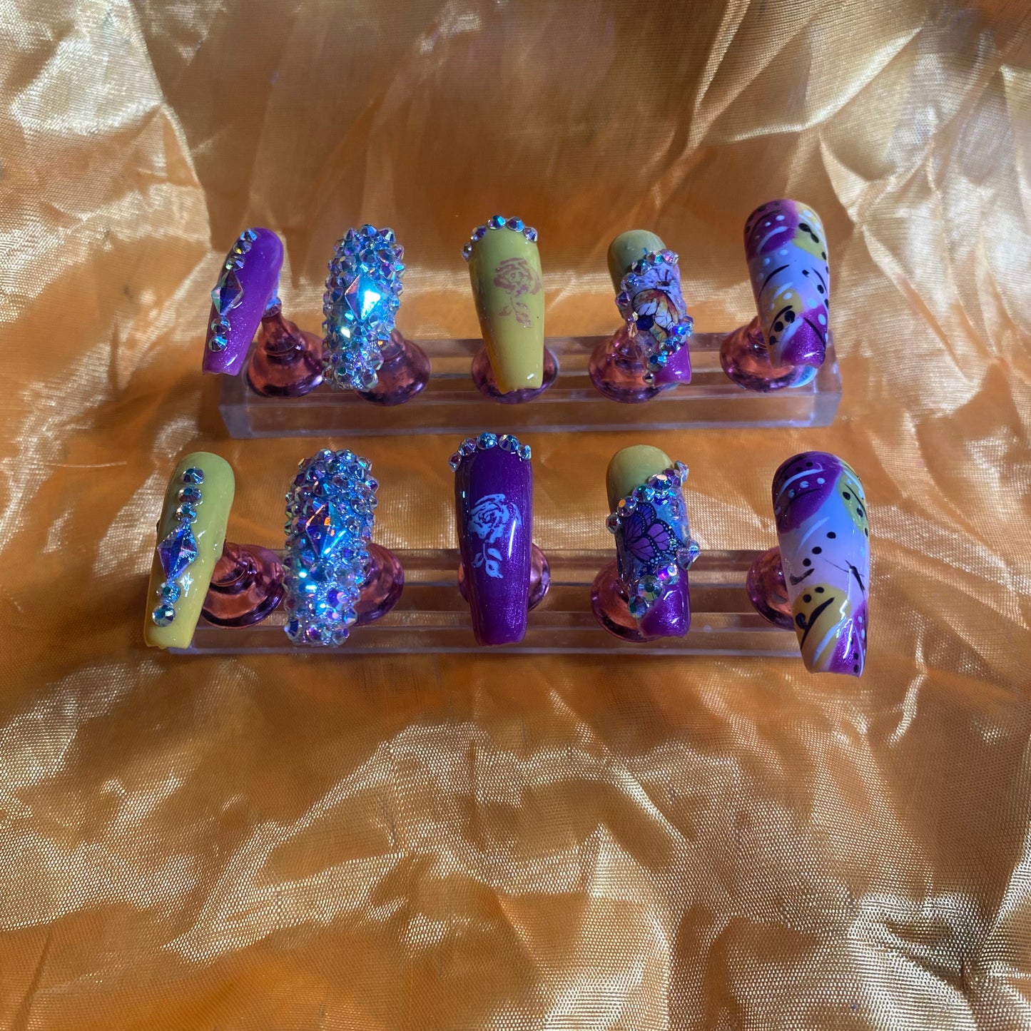 Custom purple and yellow press on nails with Rhinestones