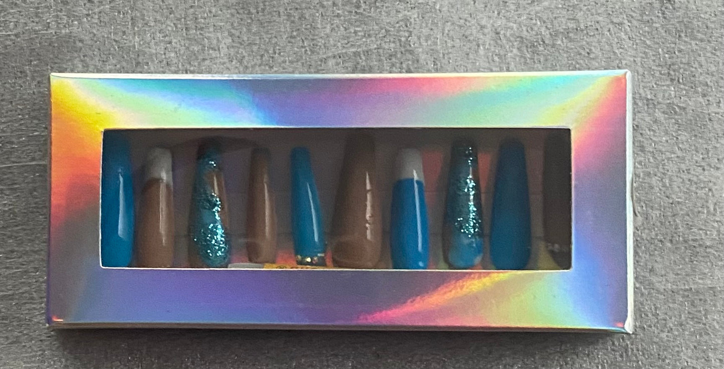 Custom Design Press on Nails Blue and Tan( Long)