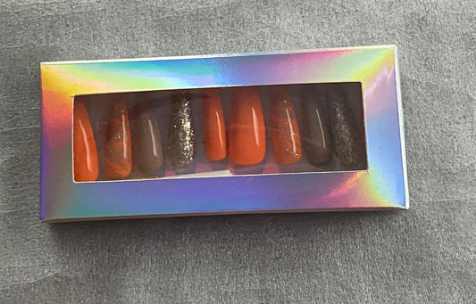 New Arrival! Press on Nails Orange and Tan (Long)